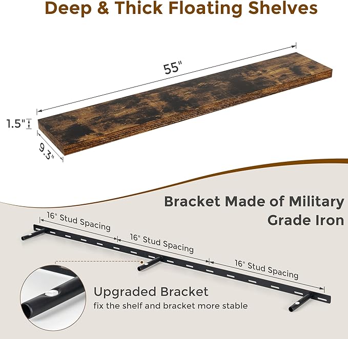 55 Inch Brown Floating Shelves, 9.3 Inch Deep Wall Mounted Floating Shelf, 55 x 9.3 Large Storage Wall Shelf for Living Room, Floating TV Stand, Farmhouse Rustic 55" Long Fireplace Mantel