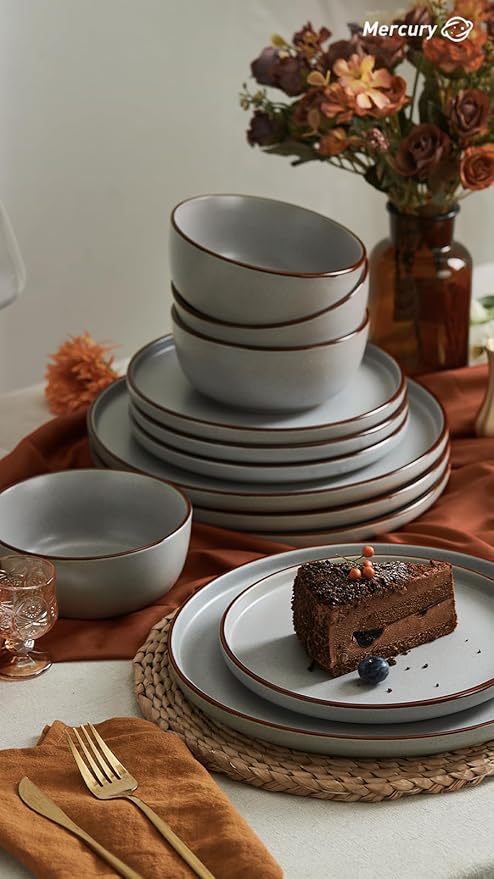 Famiware Mercury 24 Pieces Dinnerware Sets, Plates and Bowls Sets for 8, Microwave and Dishwasher Safe Dish Set, Dark Grey