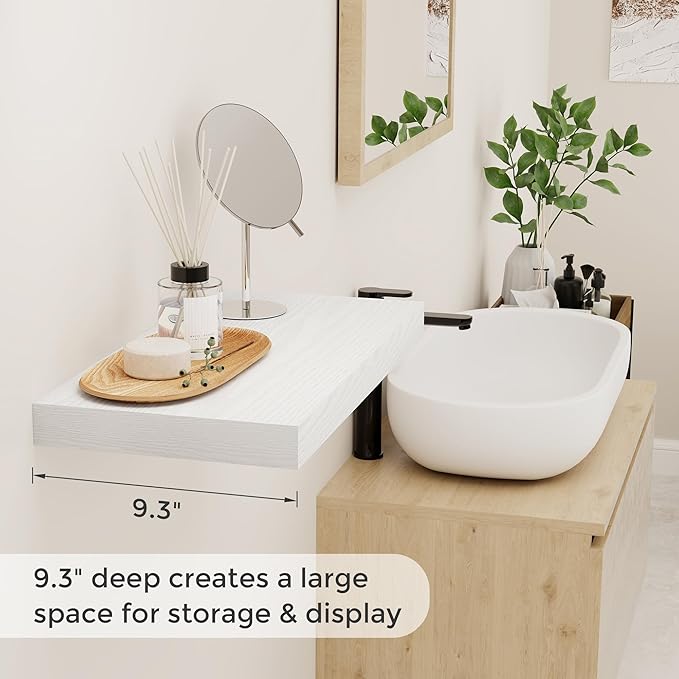 Fun Memories White Floating Shelves, 9 Inch Deep Floating Shelves for Wall, 16" x 9" Wall Shelves Set of 2, Deep Bathroom Shelves for Home Storage, Wide White Floating Shelf for Living Room, Kitchen