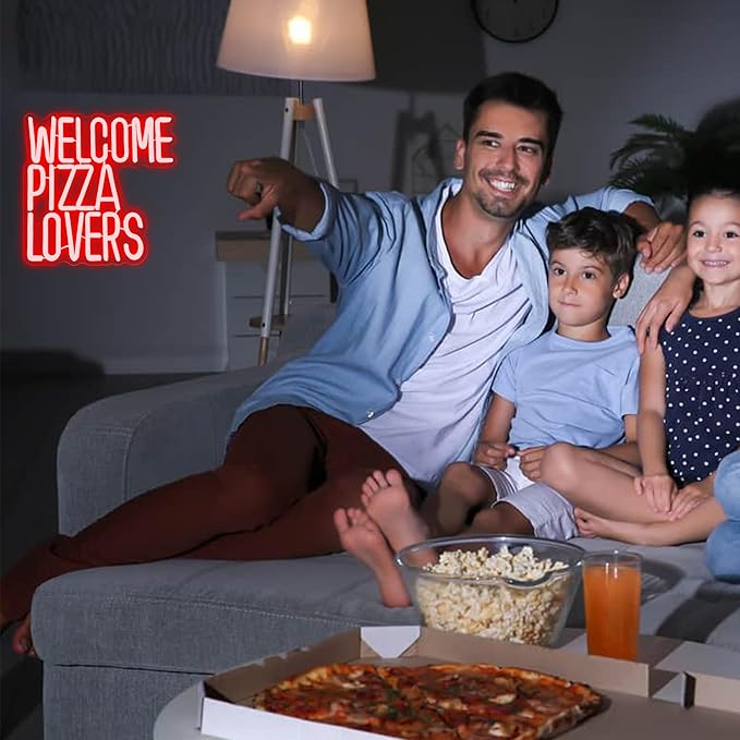 Welcome Pizza Lovers Neon Light, Red Dimmable LED Personalized Pizza Lovers Neon Sign, Family Restaurant Entertainment Room Food Theme Party Wall Neon Sign Decoration, Ideal Holiday Gift For Pizza Lovers, Children, Family (12.9*12.5in)