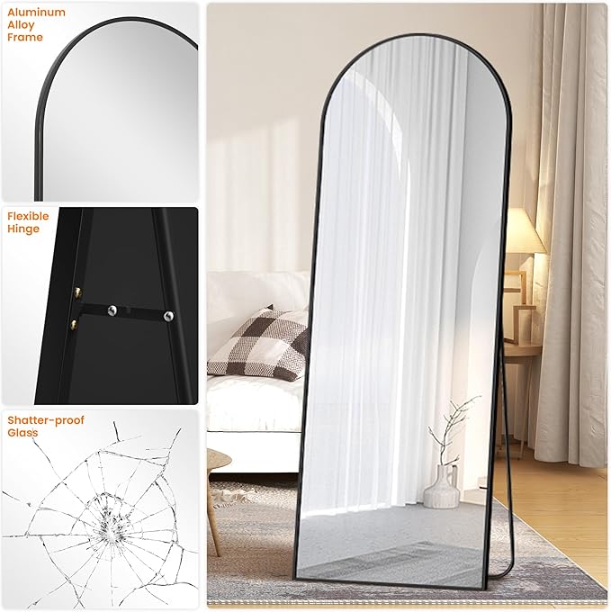 Arched Full Length Mirror, Black Standing, 70"x24" Full Body With Standing, Free Standing, Leaning Against Wall or Wall-Mounted, Large Floor for Bedroom Living Room Dressing Room