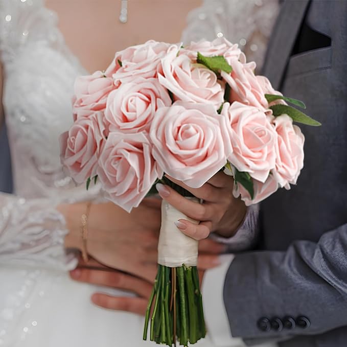 50PCS Artificial Flowers Blush Pink Roses Real Looking Foam Fake Roses with Leaves and for DIY Wedding Bouquets Bridal Shower Centerpieces Party Decorations (Blush Pink)