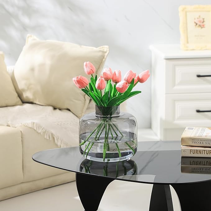 Round Glass Vase, Black Glass Vase, Wide Glass Vase, Large Glass Vase for Flowers, Large Flower Vase, 8 Inch Glass Flower Vase for Living Room, Dining Table, Wedding, Bookshelf, Office Decor