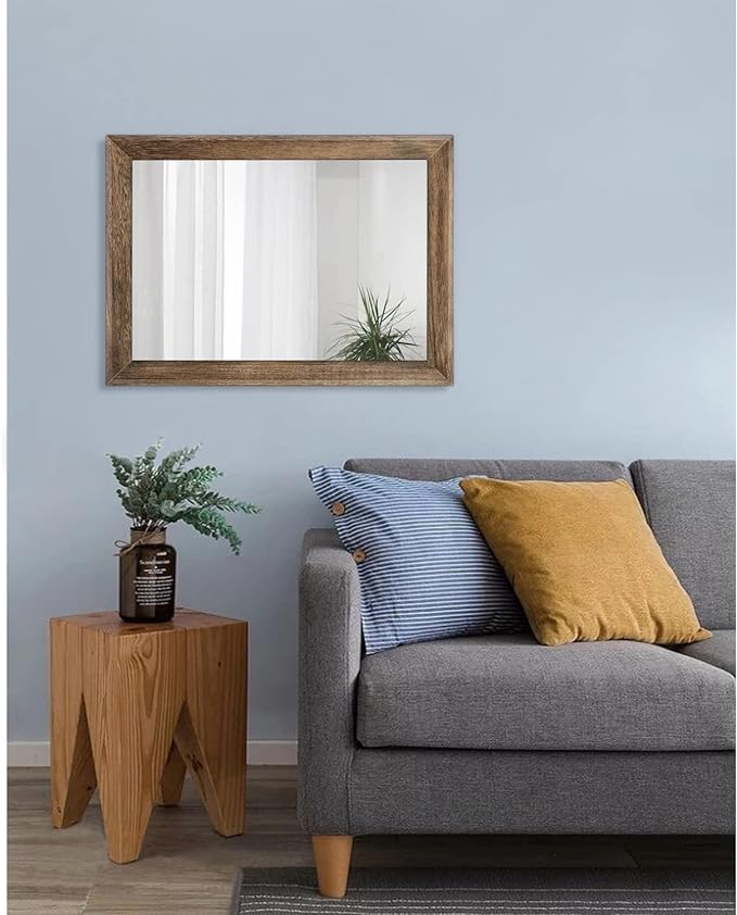 AAZZKANG Rustic Wood Mirror Rectangle Decorative Wall Mirrors with Frame Large 20"x16"for Bedroom Living Room Bathroom Entryway Hanging Brown