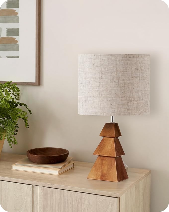 Small Table Lamp, Wood Desk Lamp with Tree-Shaped Base and Linen Lampshade, Bedside Lamp with Cable, E26 Base, Bulb Not Included, for Living Room, Bedroom, Beige and Dark Natural LE08TL05