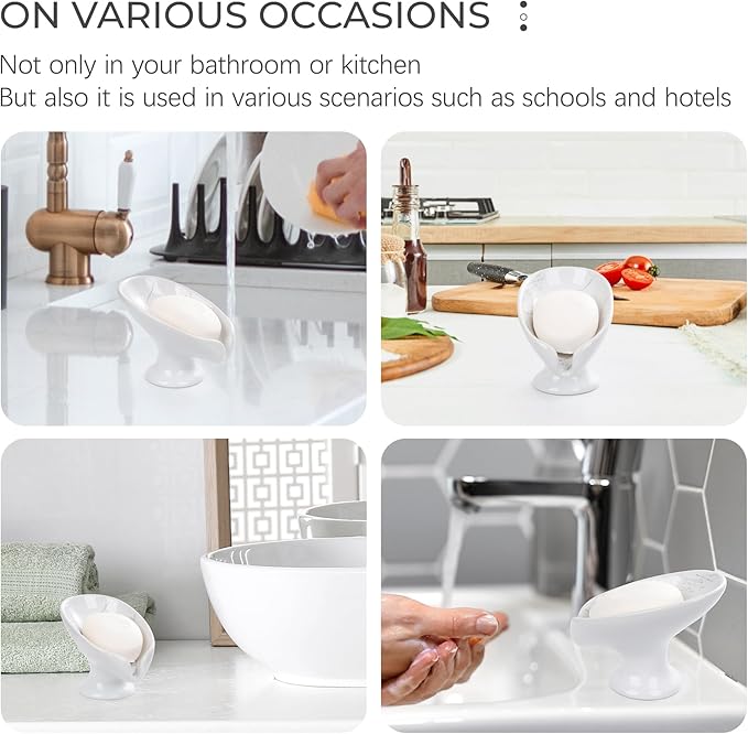 Soap Dish, Self Draining Bar Soap Holder for Bathroom Sink, Leaf Shaped Drainage Ceramic Marble Porcelain Decorative Soap Dish, No Suction Cup, ANTIS'S HOME