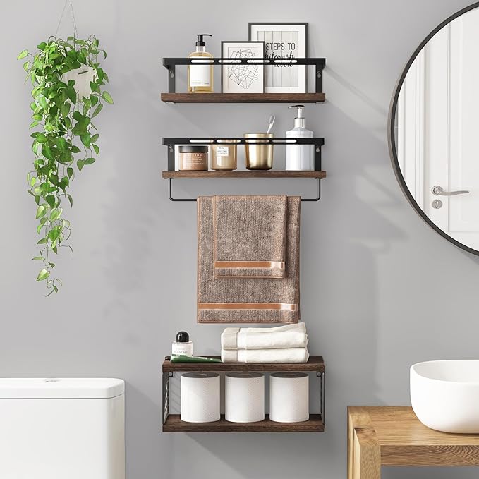 Fixwal 3+1 Tier Wall Mounted Bathroom Shelves Over Toilet, Rustic Wood Floating Shelves with Metal Frame and Towel Bar for Bathroom, Kitchen, Bedroom, Living Room (Dark Brown)