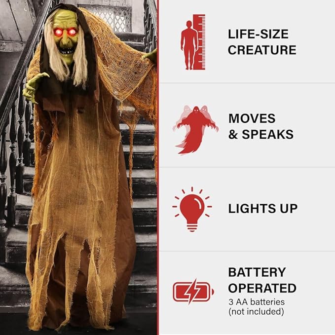 Haunted Hill Farm Talking Hunchback Witch, Halloween Animatronic with Movement and Lights for Battery Operated Scary Indoor or Covered Outdoor Halloween Decorations, Creepy Halloween Prop