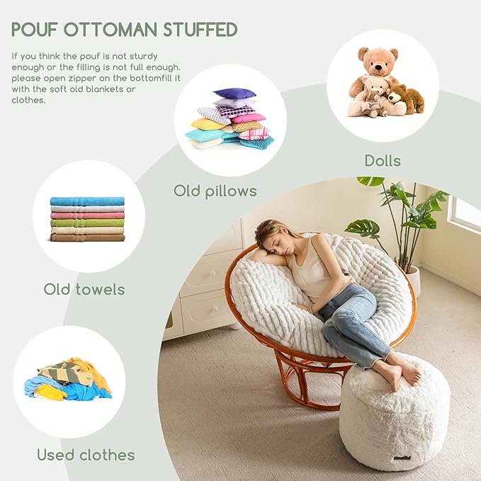 HIGOGOGO Pouf Stuffed Ottoman Round Modern Foam Filled Foot Rest Chair Decorative Poufs 26 x 18 Inches Fluffy Boho Comfy Stool for Living Room, Beige