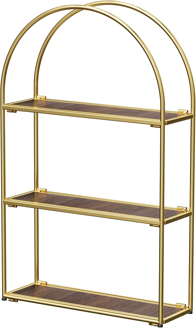 Crofy Gold Arched Frame Wall Shelf, Decorative 3 Tier Bathroom Wall Shelf with Walnut Finish Shelves and Robust Storage Capacity, 6" D x 17.9" W x 28.57" H