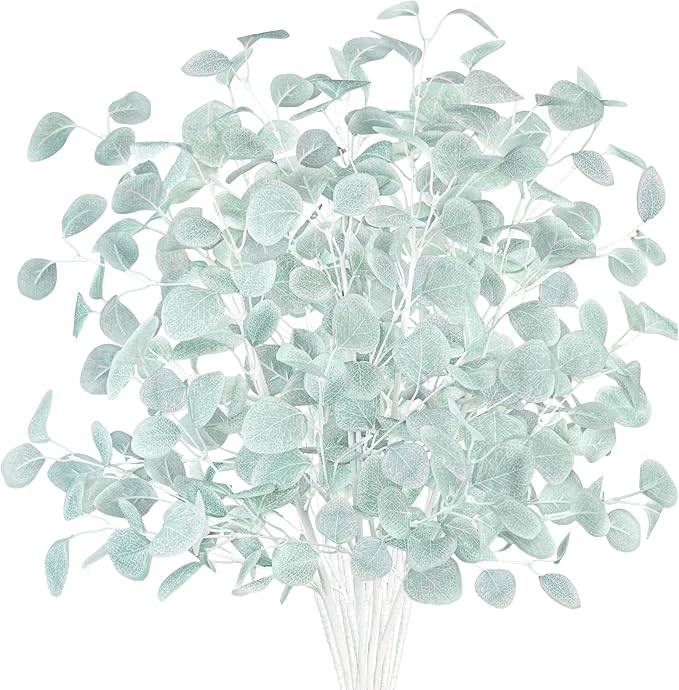 16Pcs Artificial Eucalyptus Leaves Stems 33.8’’ Long Silver Dollar Eucalyptus Faux Fake Foliage Plants Greenery Branches Bushes for Home Fireplace Office Party Decor
