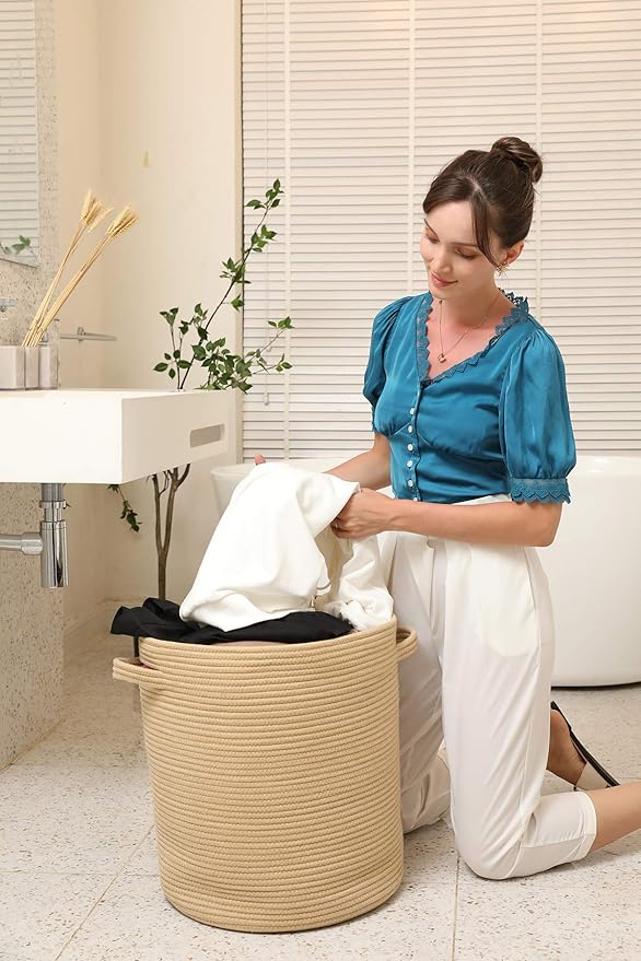 16" x 16" x 18" Extra Large Storage Basket with Lid, Cotton Rope Storage Baskets, Laundry Hamper, Cloth Bin, for Clothes Towels Blankets Pillows Storage in Living Room, Full Beige with Cover