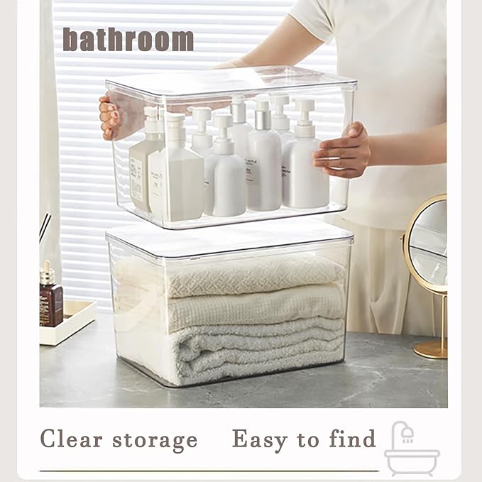 Clear plastic storage bins with LIDS-4packs,storage containers for snacks, cosmetics, books, dog food, Storage Organizer for Nursery,Kitchen, Living room,Bedroom, Bathroom, Office