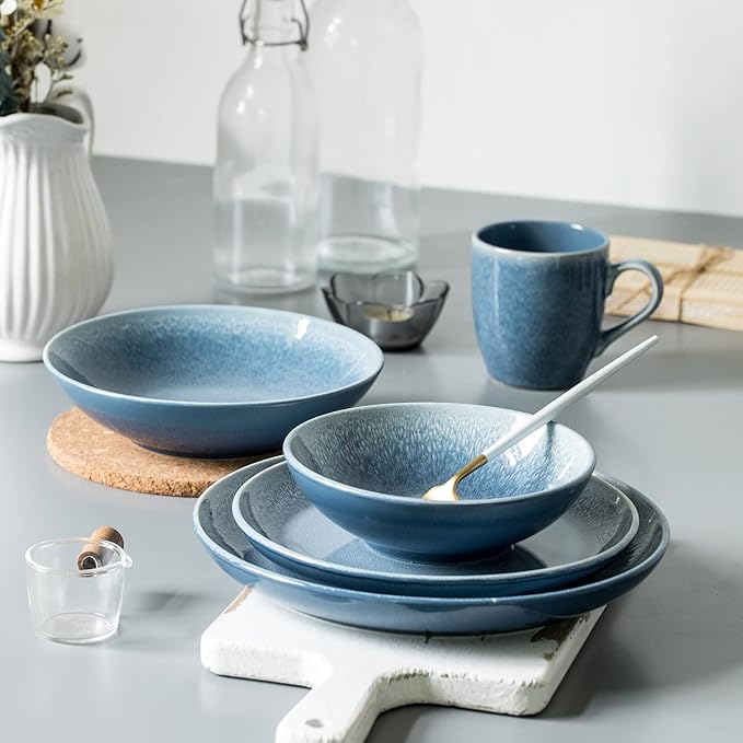 FAIT Round Stoneware 16pc Double Bowl Dinnerware Set for 4, Dinner Plates, Side Plates, Cereal Bowls, Pasta Bowls - Reactive Glaze Blue (449322)