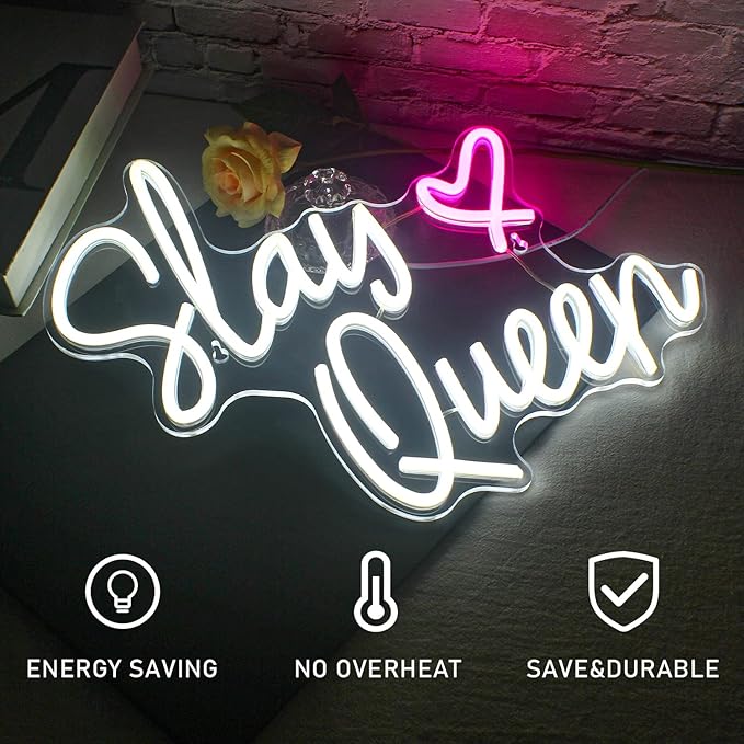 Slay Queen Neon Sign White Pink LED Neon Light Up Signs for Wall Decor Usb Neon Light for Bedroom Preppy Girl Aesthetic Room Dorm Decor Y2k Party Gifts
