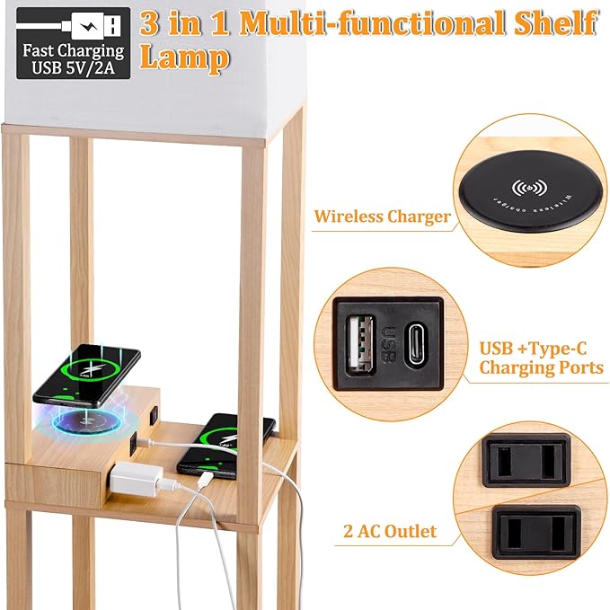 Dott Arts Floor Lamp with Shelves, Shelf Lamp with Wireless Charger & USB A+C Ports & 2 AC Outlets,3 Color Temperature Corner Tall Standing Floor Lamps for Living Room, Bedroom, Office (Burlywood)