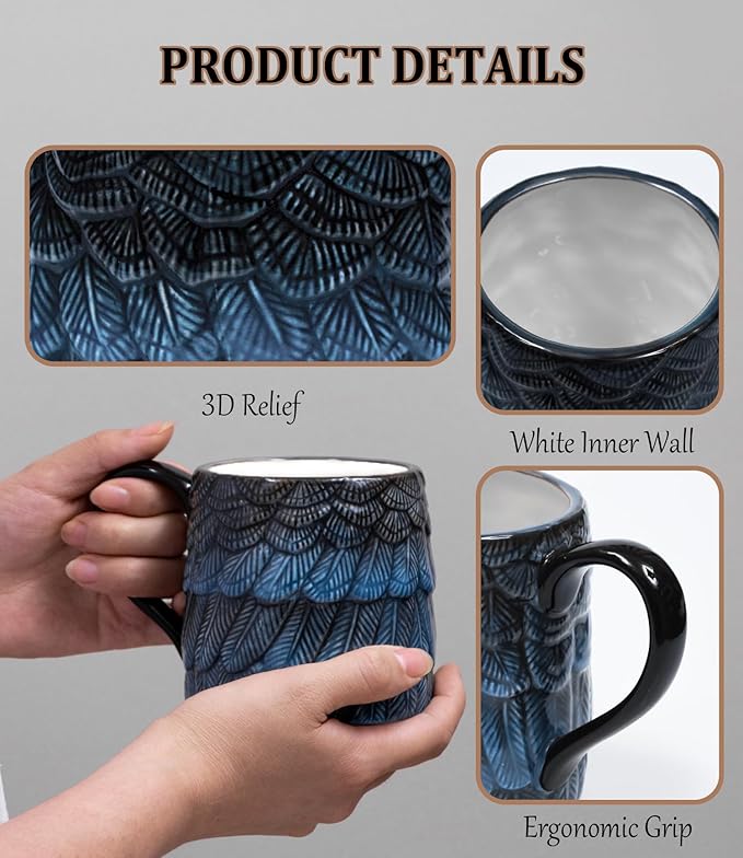 16 oz Coffee Mugs with Handle - Vintage Ceramic Tea Cup Reusable for Pour Over Coffee Lover Gifts - Aesthetic Flat Bottom Tea Mug with 3D Feather Engraving, Microwave & Dishwasher Compatible