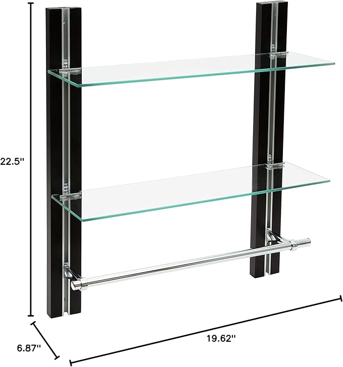 Organize It All 2-Tier Wall Shelf Unit | Dimensions : 6.87"D x 19.62"W x 22.5"H | Bathroom | Adjustable |Easy Assemble | Wood Finish | Bathroom Organization | Clear