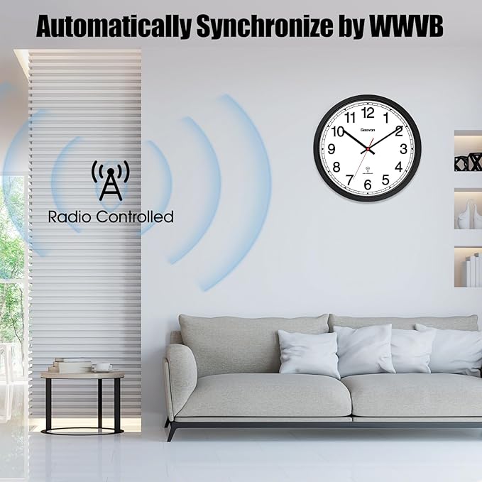 Geevon Atomic Wall Clock, 12" Sets Automatically Wall Clock Battery Operated with AUTO DST, Easy to Read Atomic Analog Clock for Kitchen/Office/Classroom/Living Room(Black)