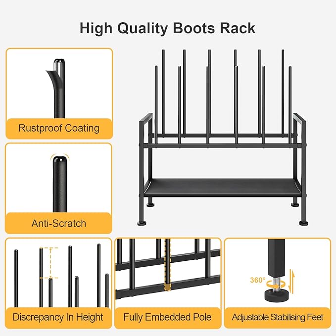 DIMJ Free Standing Shoe Racks - 3-Tier Boot Rack, Black Metal Storage Organizer for Tall Boots, Sneakers, Closet Organizer, Multiuse Shoe Rack, Fits 6 Pairs