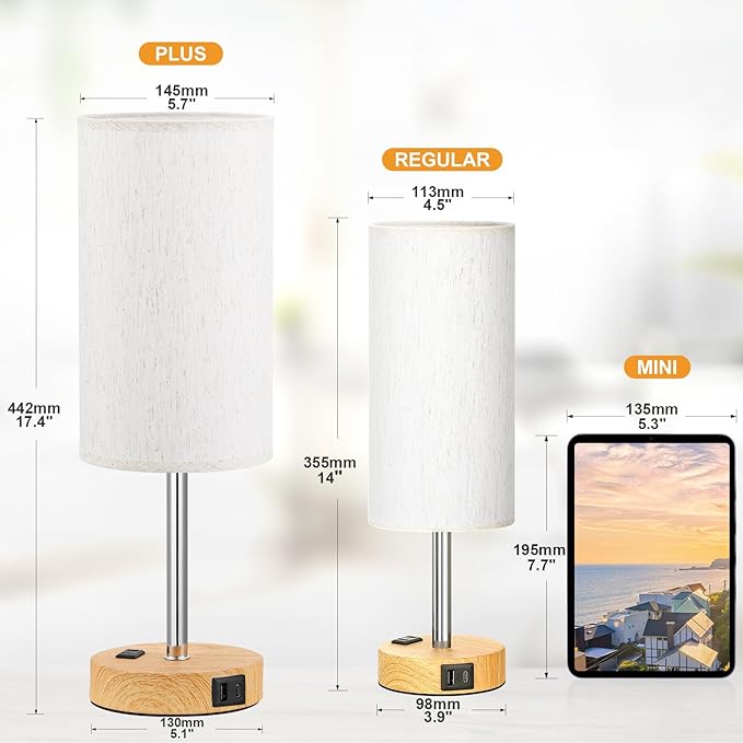 17.4Inches Tall Touch Bedside Table Lamps Set - 3 Way Dimmable Bedroom Lamp with USB C Ports, Small Desk Lamps for Nightstand with AC Outlet for Dorm/Bathroom/Kitchen/Living Room
