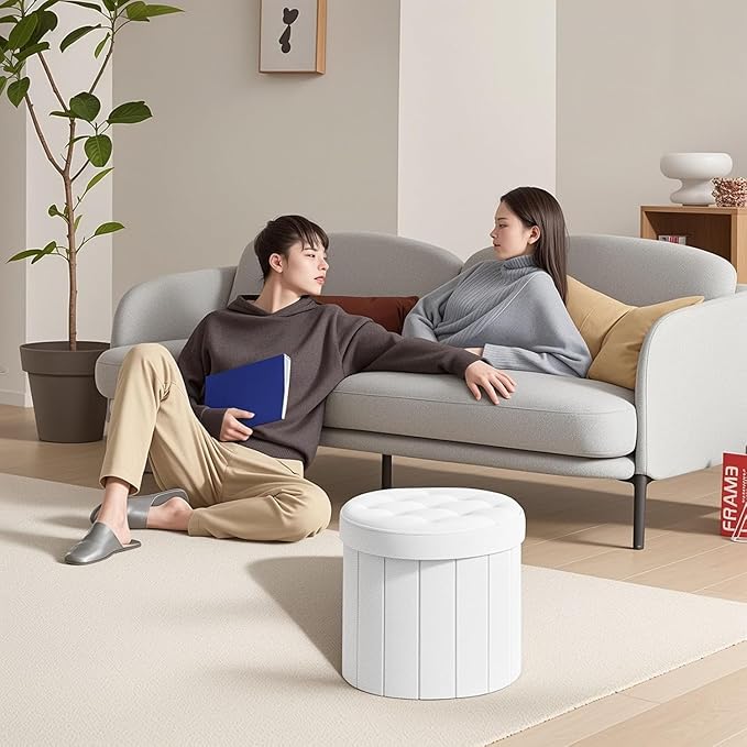 Bsketa® Ottoman with Storage, Foot Rest Stool with Thicker Foam Padded Seat Leather Small Round 14“ x 14” x 13 "Inchs Storage Ottoman Bench for Living Room Foldable Pouf Coffee Table 2 Pack,White