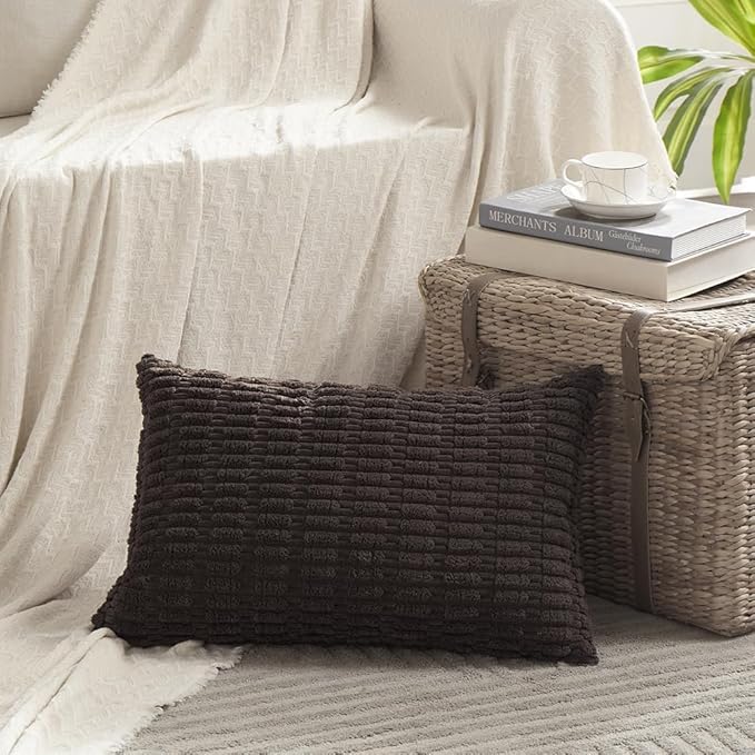 Fancy Homi 4 Packs Boho Dark Brown Decorative Throw Pillow Covers 12x24 Inch for Living Room Couch Bed Sofa, Rustic Modern Farmhouse Home Decor, Soft Plush Corduroy Cute Square Cushion Case 30x60 cm