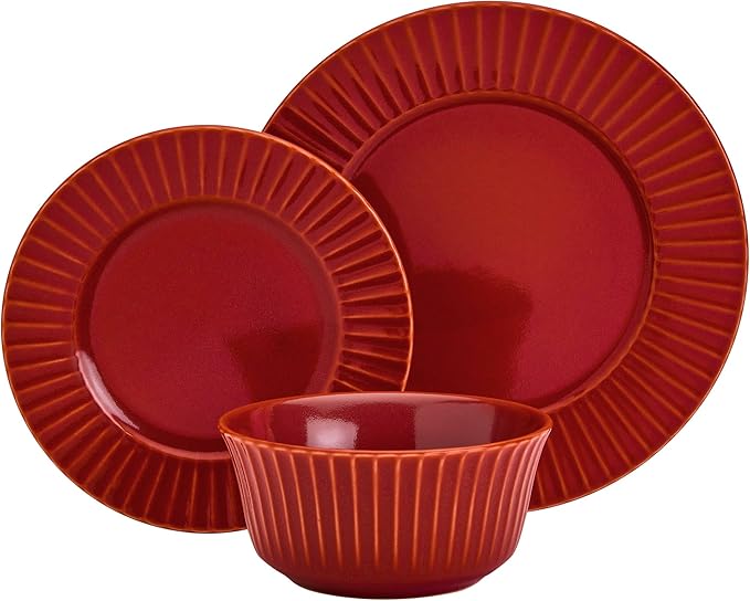 Tabletops Gallery Richmond 12-Piece Reactive Glaze Stoneware Dinnerware Set of Kitchen Dishes, Dinner Plates, Cereal Bowls, Service for 4, Red