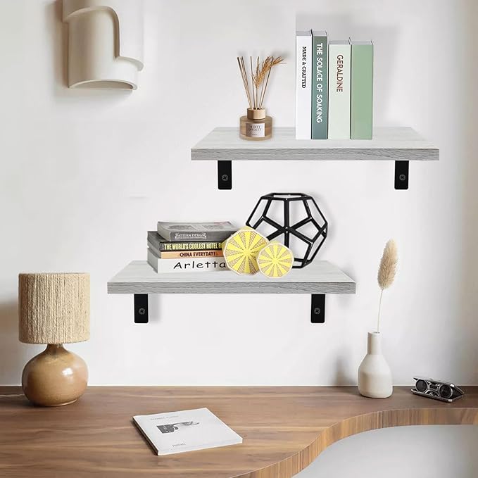 Floating Shelves Wall Mounted Rustic Wood, 12In Deep, Large Capacity Hanging Shelf for Home Decor(Living Room,Kitchen,Bathroom,Bedroom,Laundry) (Retro White)
