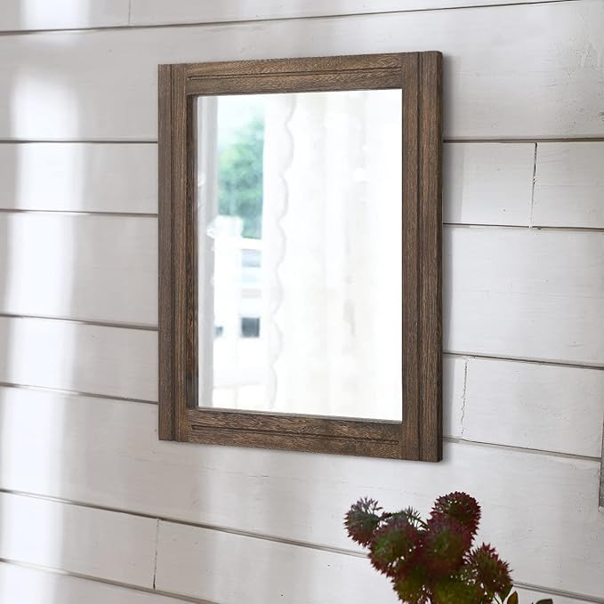 AAZZKANG Rustic Wood Mirror Rectangle Decorative Wall Hanging Mirrors with Frame Large 20"x16" for Bedroom Living Room Bathroom Home Entryway