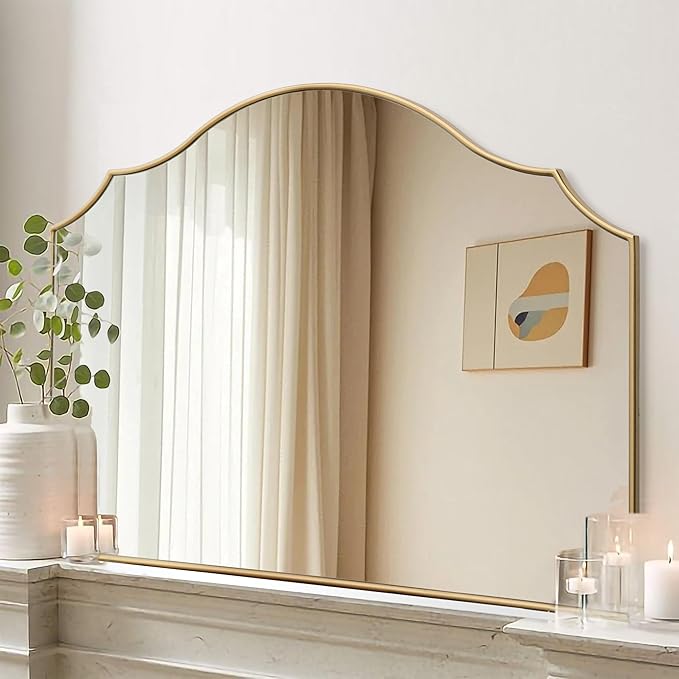 Gold Scalloped Wall Mirror: 40"x29" Large Modern Minimalist Vanity Arched Mirror for Home Decor/Living Room/Bedroom/Fireplace/Mantle/Entryway