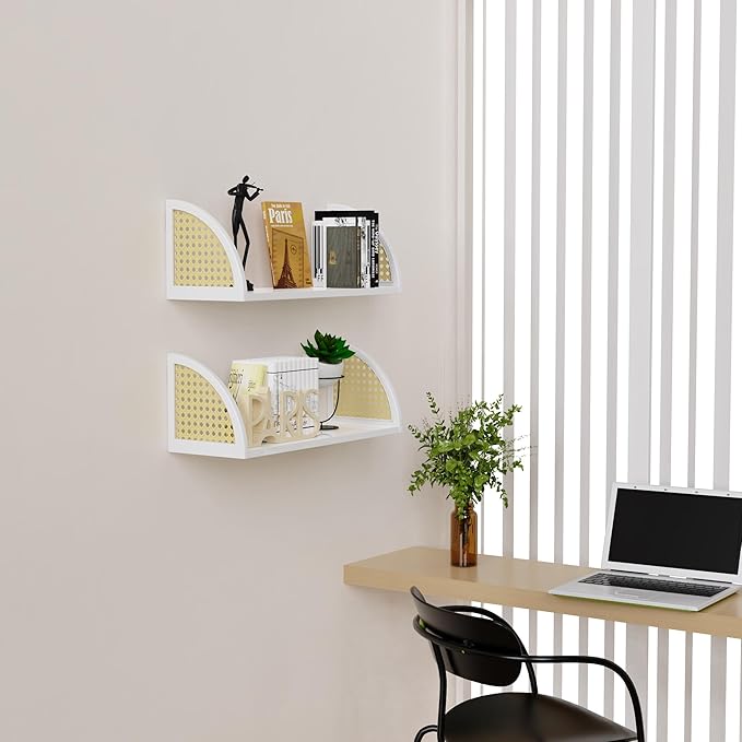 Rattan Wall Shelf 16inch Floating Shelves Rustic Wood Wall Mounted Storage Shelves for Living Room Bathroom Kitchen Boho Wall Decor,White