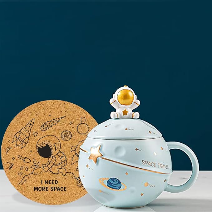Kawaii Astronaut Cup Space Embossed Planet Mug, Cute Ceramic Coffee Mug, Novelty Mug with Lid and Spoon for Coffee, Tea, Milk, Aesthetic Room Decor Funny Gift for Girl Boy Women (Blue)