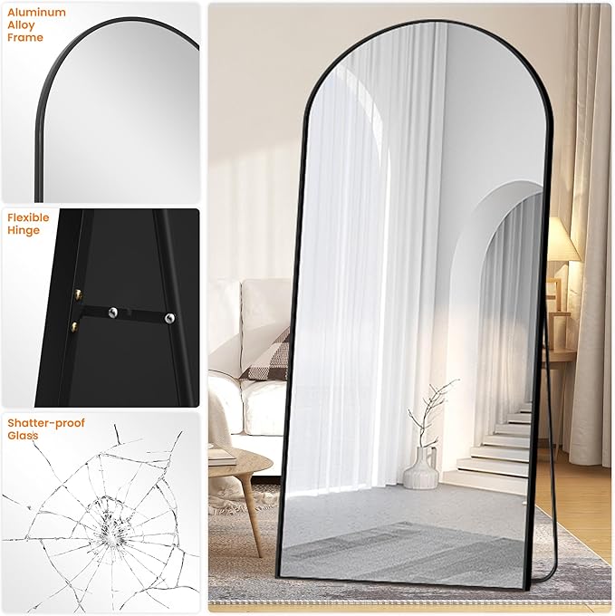 Arched Full Length Mirror, Black Standing Mirror, 75"x35" Full Body Mirror with Standing, Free Standing, Leaning Against Wall or Wall-Mounted, Large Floor Mirror for Bedroom Living Room Dressing Room
