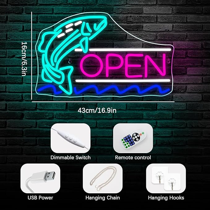 NEONLOVE Fish Neon Sign Fish Shop Neon Open Signs for Business Open Neon Signs Acrylic Fish Neon Light Sign for Fish Shop Supermarket Salmon Shop Open Light Up Sign Fish LED Neon Sign for Wall Decor