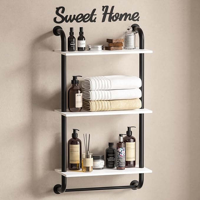 Wall Shelves 3-Tier, Bathroom Shelves Over Toilet, Rustic Industrial Pipe Shelves, Farmhouse Bathroom Decor, Floating Shelf Wall Decor for Bedroom, Living Room 17.3 inch, White