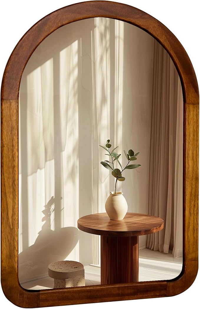 Arched Mirror 24 x 36 Inch,Brown Wood Rustic Bathroom Tempered Wall Mirror with Wood Frame,Round Corner Arch Farmhouse Wooden Vanity Mirror for Living Room,Entryway or Bedroom(Walnut Brown)