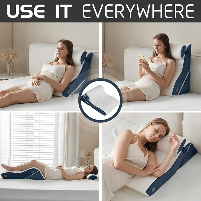Qirroboni 3PCS Orthopedic Bed Wedge Pillow Set, Adjustable Pillows for Neck, Back and Leg Pain Relief Comfortable & Post Surgery Foam - Heartburn, Anti Snoring, Acid Reflux & GERD Sleeping Indigo
