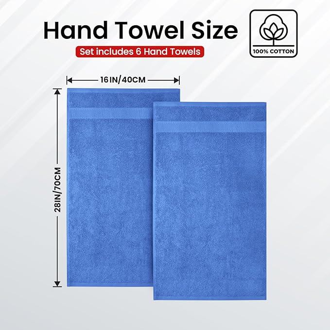 Infinitee Xclusives Luxury 100% Ring-Spun Cotton Hand Towels for Bathroom Set of 6 (16x28 inches) - Soft, Absorbent & Quick-Drying Bath Towels for Bathroom, Gym, Spa & Hotel Use (Eloquent Blue)