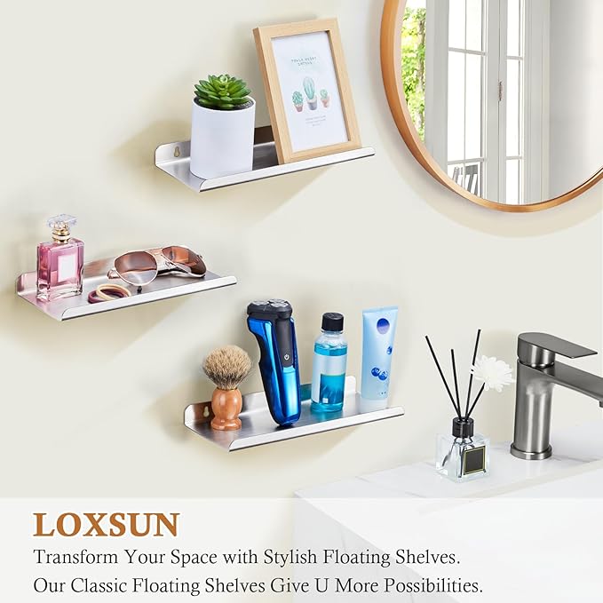 Bathroom Shelf, Wall Mounted Shower Caddy, Adhesive Floating Shelves, Stainless Steel Wall Shelf, No Drilling Floating Shelf Silver Shower Storage Organizer for Bathroom/Bedroom/Kitchen Decor