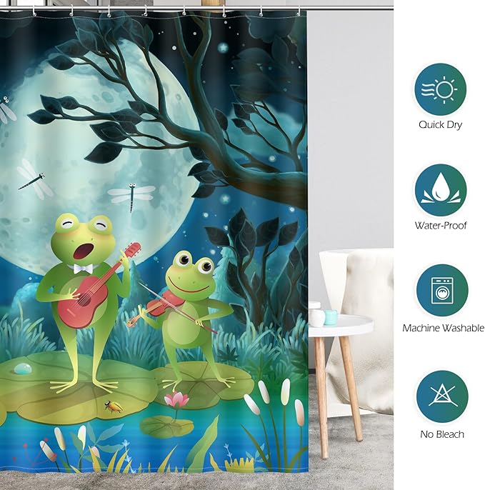 Aimego Stall Small Shower Curtain - Funny Cute Cartoon Frogs Dragonfly Lotus Leaf Floral Pond Moon Fun Narrow Half Fabric Cloth Bath Shower Curtain Set for Kids Bathroom Decor Accessories, 36"x72"