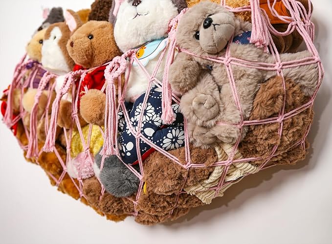 Stuffed Animal Soarage Hammock Macrame Toy Display Plush Toy Holder Ceiling Hanging Net for Stuffed Animal Storage -Light Pink, Small