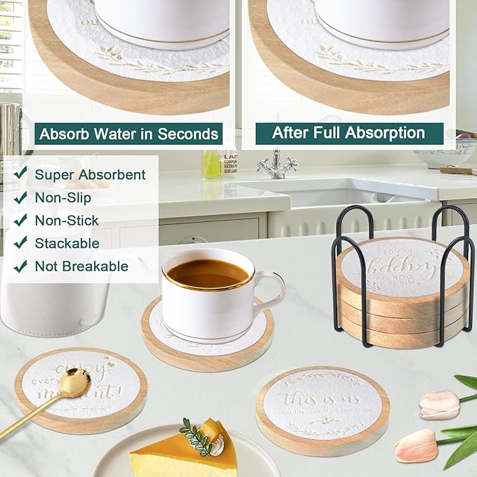 Wood Coasters for Drinks - Housewarming Gifts for Home Decoration - Set of 6 Absorbent With Holder - Funny Coffee Tabletop Protection - 4.3 Inch White