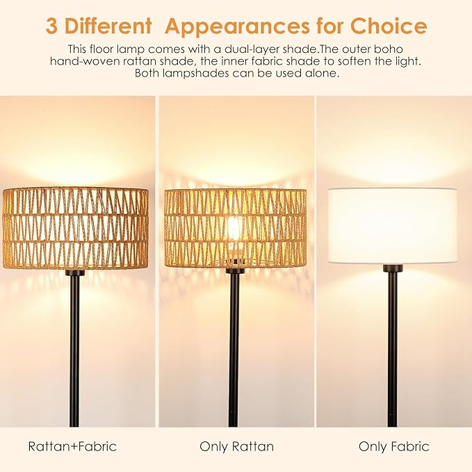 Rattan Boho Floor Lamp with Black Metal Base and LED Bulb - Double Shades, Farmhouse Rustic Design for Living Room, Bedroom, Office