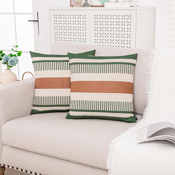 Decorative Farmhouse Throw Pillow Covers 18x18 Accent Faux Leather Pillowcase Rustic Boho Decor,Olive Green and Beige (Cover ONLY, Pack of 2)