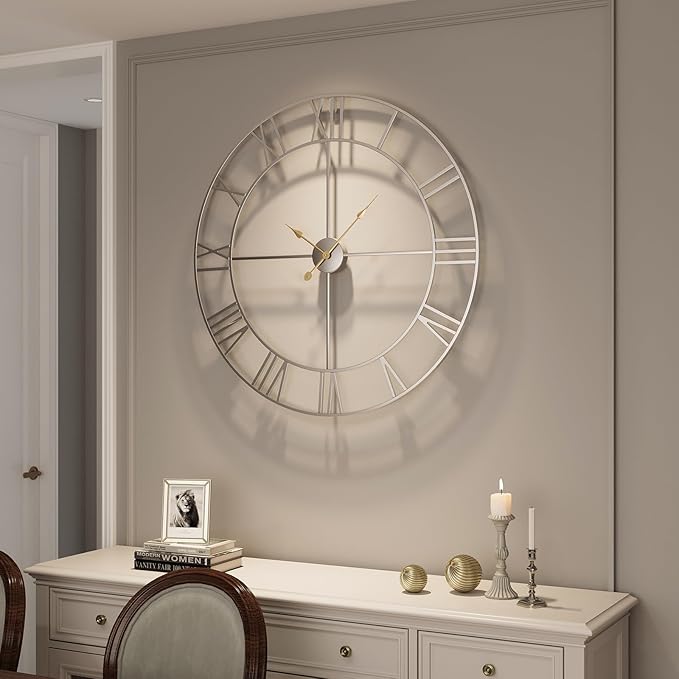 Large 36 Inch Wall Clock Silver, Modern Decorative Metal Wall Clocks for Living Room, Completely Silent Non Ticking Battery-Operated Roman Numeral Analog Round Clocks