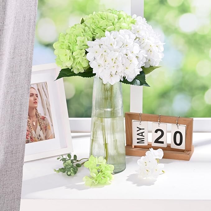 BLEUM CADE 8 Pcs Hydrangea Artificial Flowers with Realistic Stems, 18In Large Fake Flowers, Faux Flower for Home Party Decor Outdoor Wedding Bouquets Table Centerpieces Decoration,White Green
