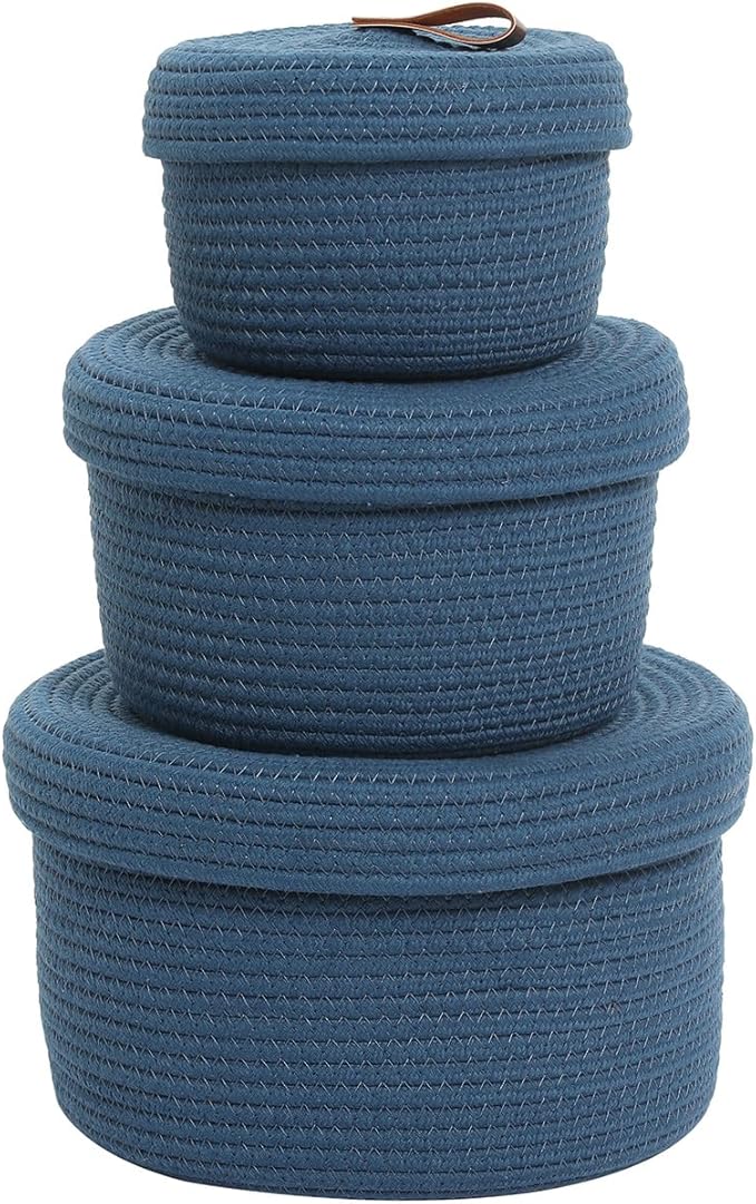 Cottonphant Set of 3 Stylish Round Woven Baskets with Lids - Elegant Storage Solution for Home Decor and Organization - Compact Shelf Baskets (Dark Blue, 10"x6"-8"x5"-6"x4")