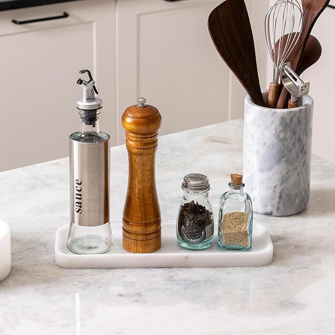 Koville Marble Tray for Bathroom Sink, 12"x4" Natural Stone Vanity Tray for Kitchen Dresser Countertop, Rectangular Decorative Marble Trays for Jewelry Perfume Trinket(White)