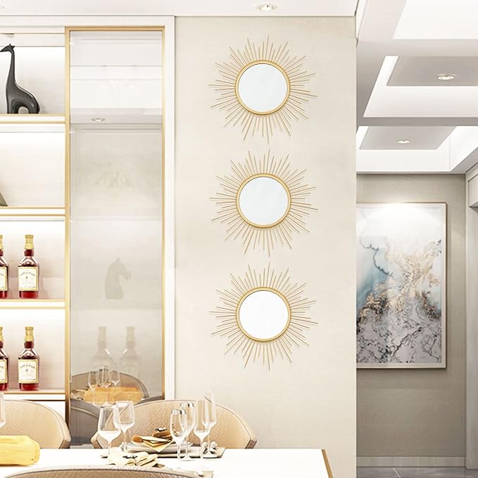 3 Pack Metal Mirrors for Wall Sunburst Wall Mirrors Home Décor Decorative Hanging Wall Art for Living Room Bedroom Entryway (Gold, Sunburst)